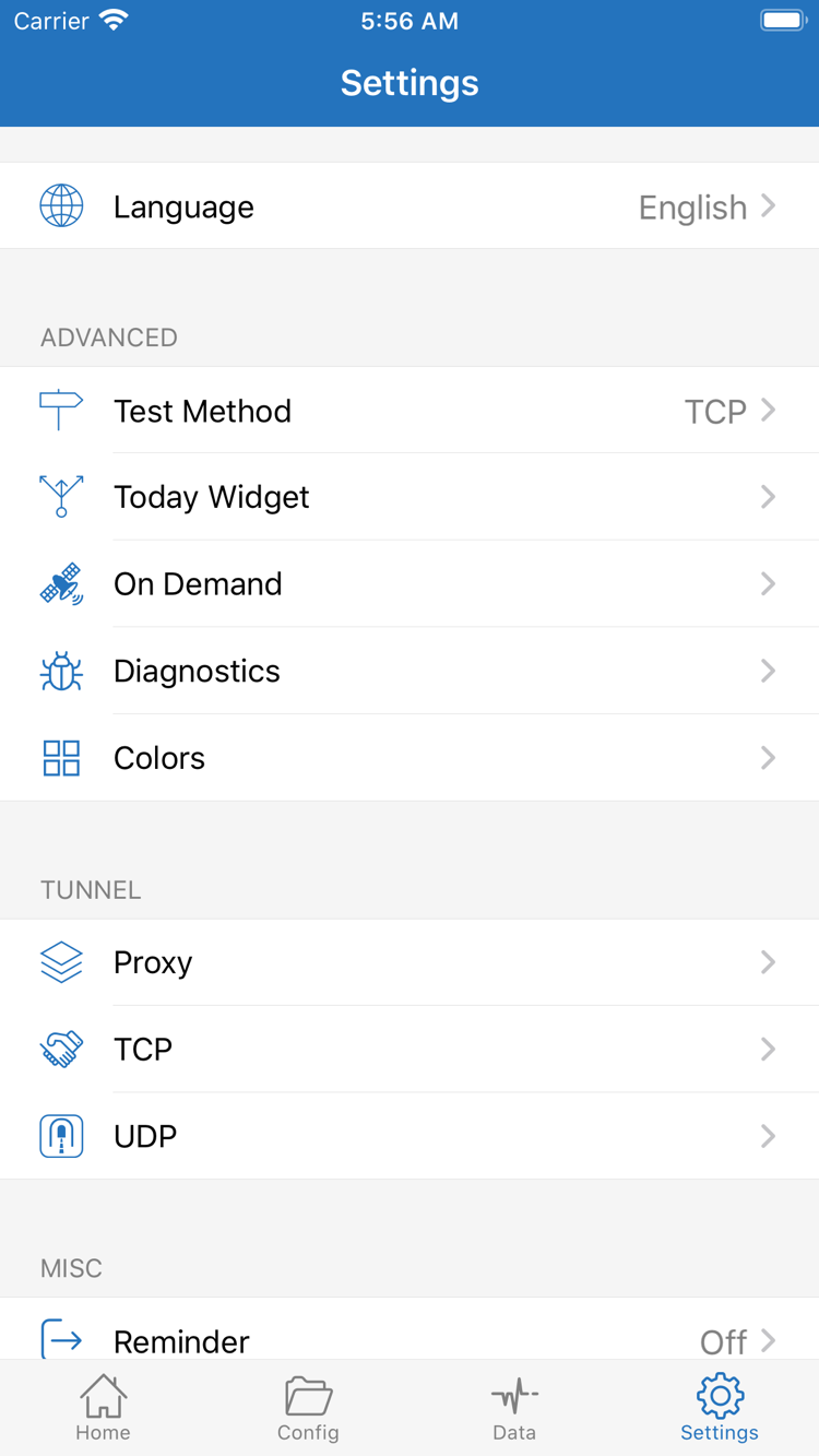 App Store screenshot of Shadowrocket Settings, showing options such as Test Method, On Demand, and Diagnostics
