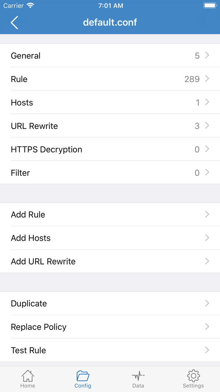 App Store screenshot of Shadowrocket’s Config editor, showing General, Rule, and Add Rule