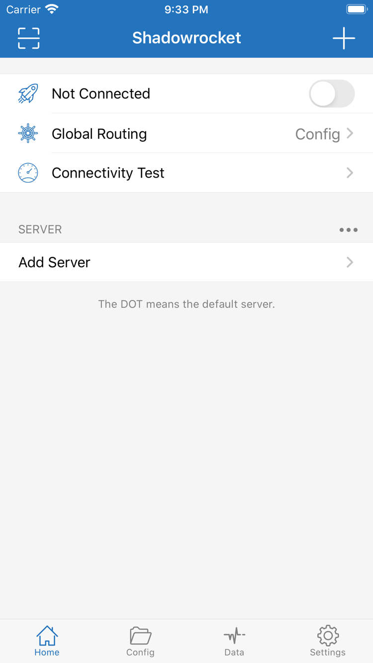 App Store screenshot of Shadowrocket Home, showing Not Connected, Global Routing, Connectivity Test, and the SERVER section